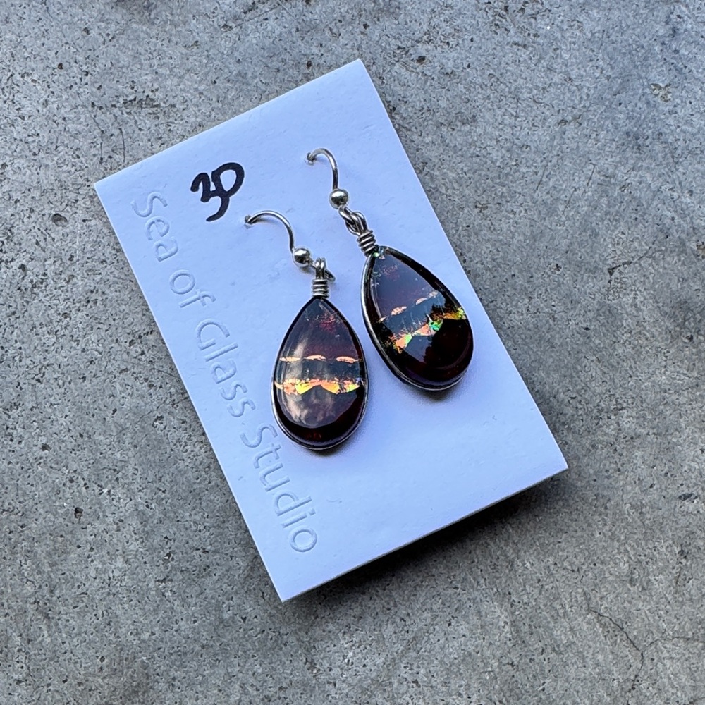 Dichroic Fused Glass Teardrop Earrings and Necklace Pendant SET – Handmade